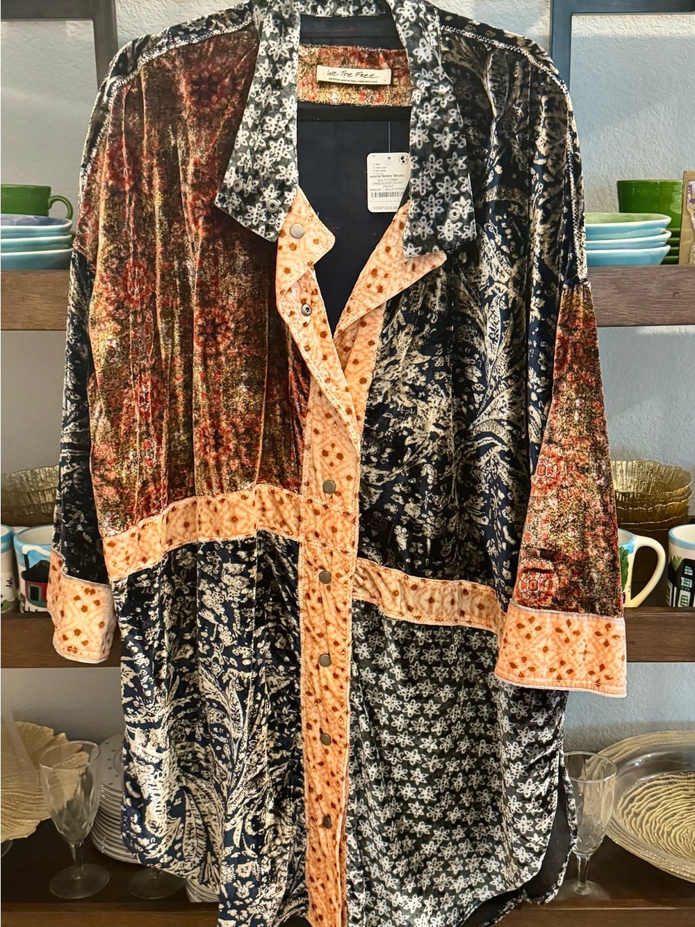 Free People Vancouver Mixed Print Velvet Button-Front Coat in Black, Navy & Rust